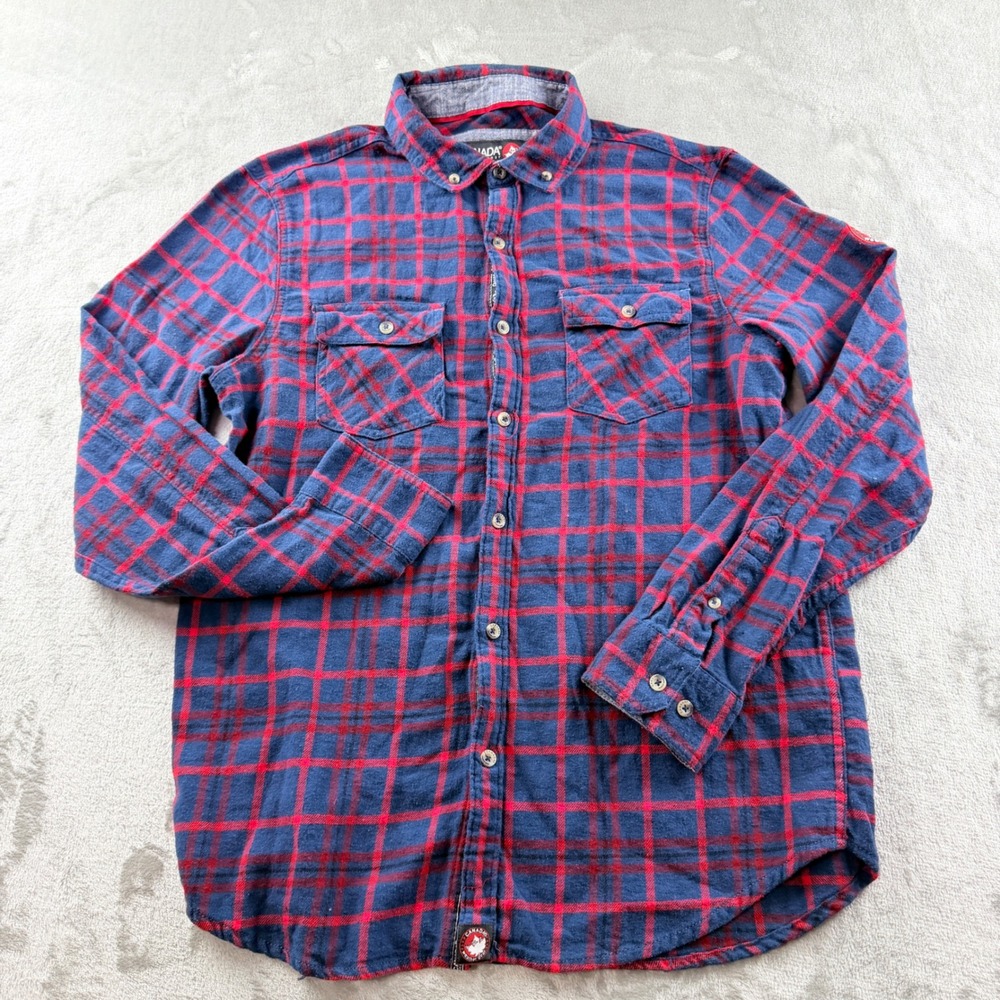 Canada Weathergear Men's Medium Navy Blue Red Plaid Flannel Button Down Shirt